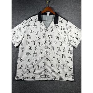 GarmentOne Button Up Golf Shirt Men's XL White Doodle AOP Short Sleeve Rayon